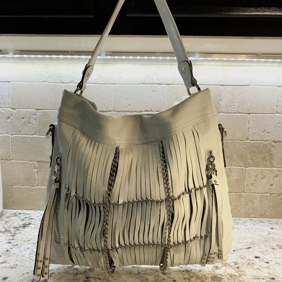B. Makowsky Alexis Pebble Leather Hobo with Chain & Fringe - white - Picture 2 of 16